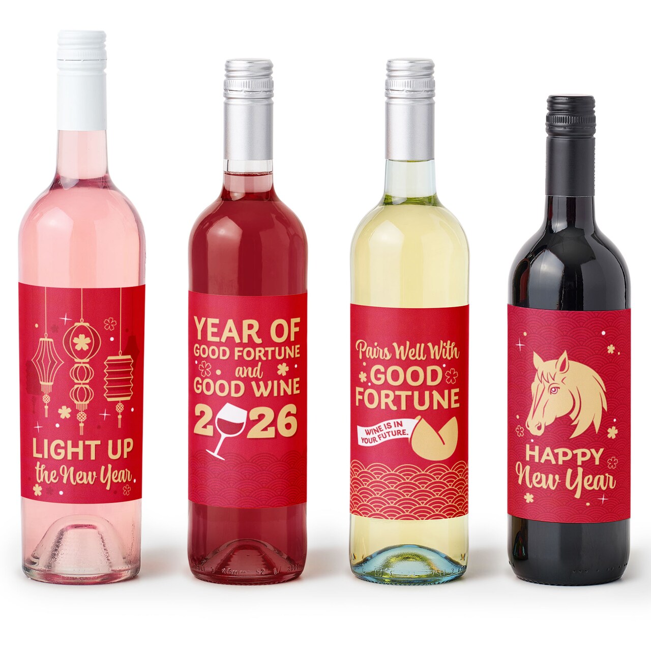 Big Dot of Happiness Lunar New Year - 2026 Year of the Horse Decorations for Women and Men - Wine Bottle Label Stickers - Set of 4